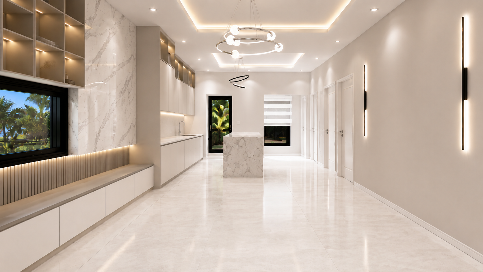 The Summit penthouse living room and kitchen, unfurnished